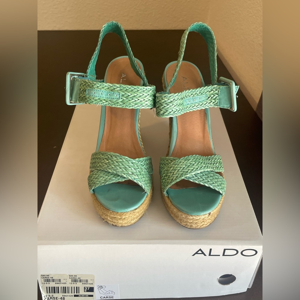 Turquoise Woven Platform Wedge Sandals by Aldo
